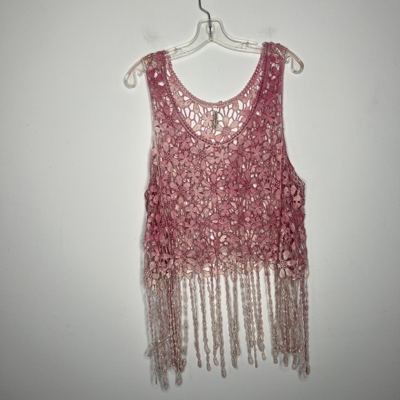 INDIA Tank Top Womens One Size Pink Crochet Fringe Floral Boho Festival Cropped - Picture 9 of 13